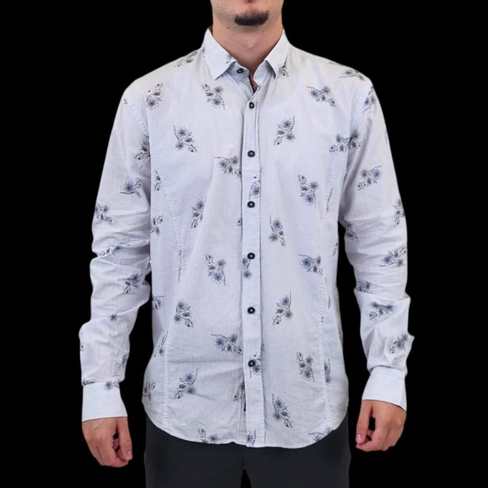 Eight X Light Grey Vertically Striped Floral Print Slim Fit Shirt